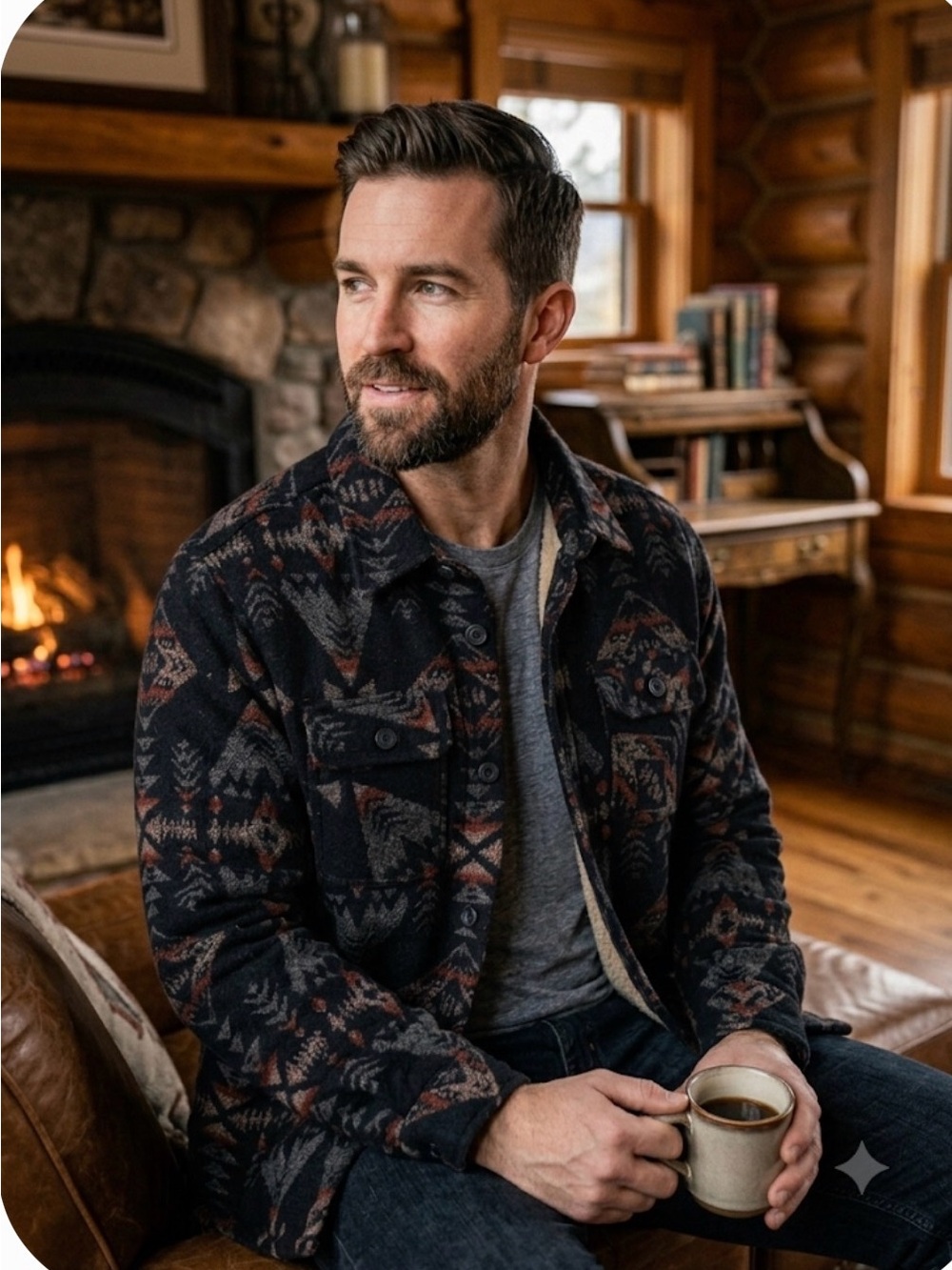 Men's Black Patterned Wool-Blend Shacket - Brand